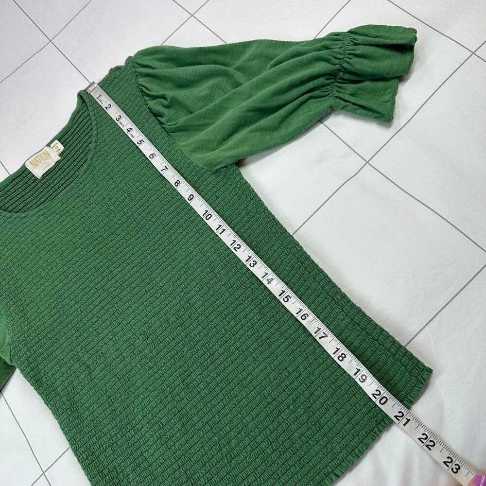 Nation LTD Top Womens Medium Green Bardot Tee Smocked Puff Sleeve Stretch Crew - Picture 6 of 6